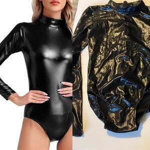 Black Faux leather sexy stretch rave costume bodysuit leotard cosplay Festival S